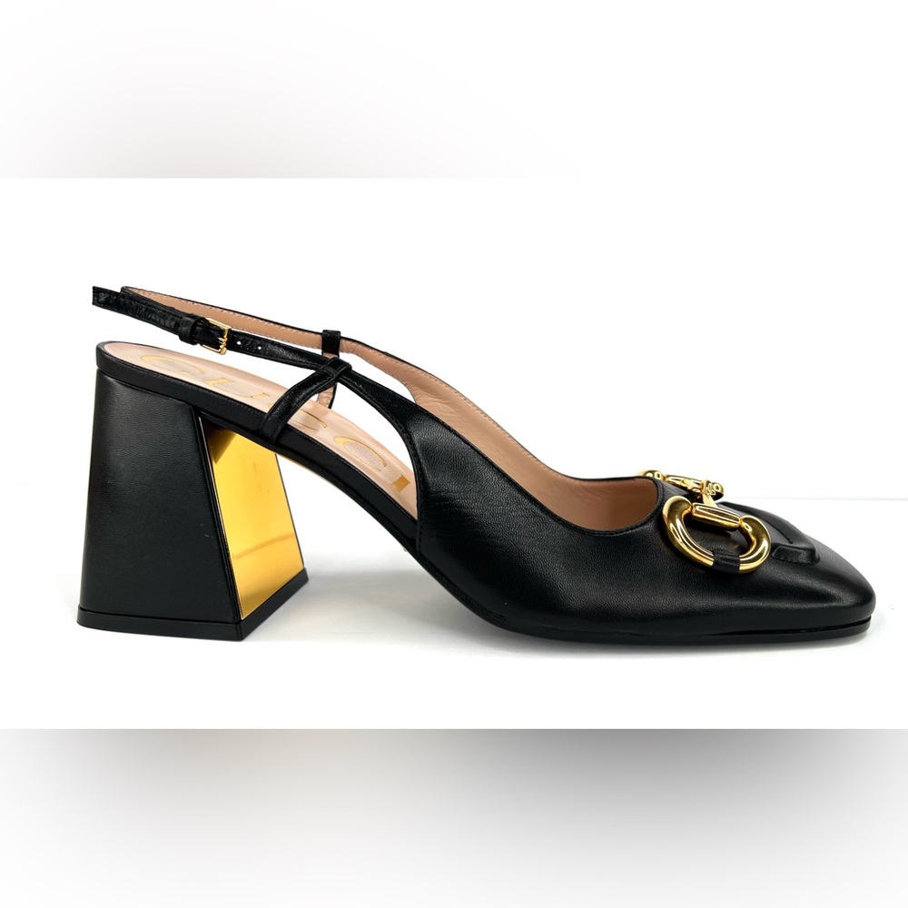 Gucci Black Leather Heels with Gold Detailing - Picture 9 of 11